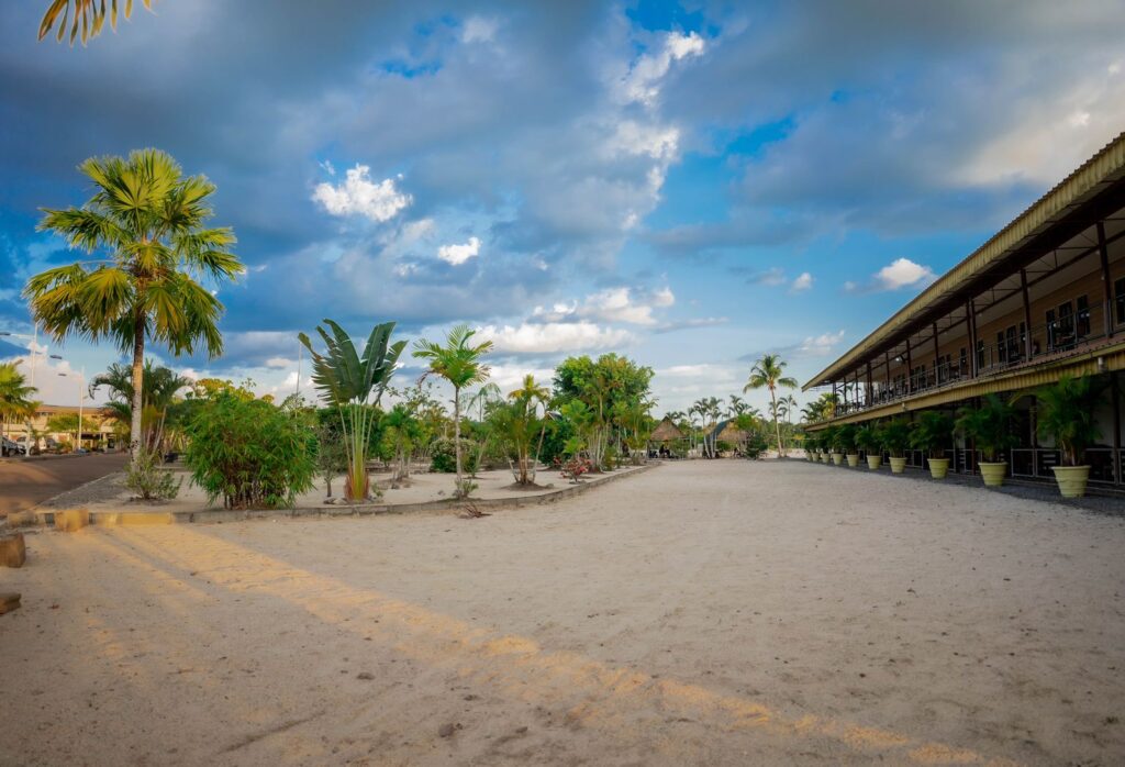 Scenic view of palm trees and a blue sky at Caribo Beach Resort.